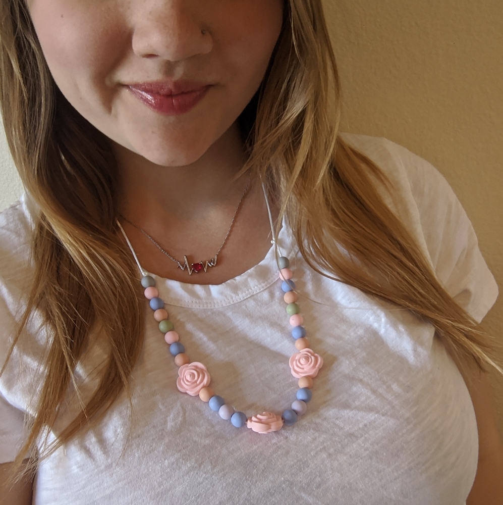 Pink rose & Olive baby girl gift teething necklace